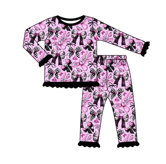 8.1 Preorder (moq 5)Baby Girls Skull Bows Plaid Top Ruffle Pant Halloween Pajamas Set
