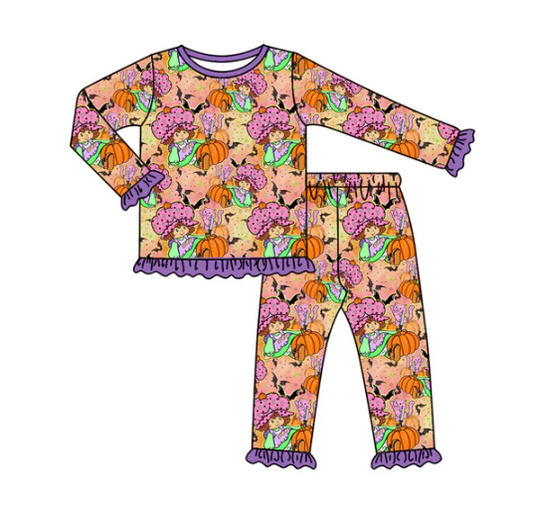 8.1 Preorder (moq 5)Baby Girls Purple Pumpkins Bats Top Ruffle Pant Halloween Pajamas Set