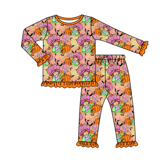 8.1 Preorder (moq 5)Baby Girls Orange Pumpkins Bats Top Ruffle Pant Halloween Pajamas Set