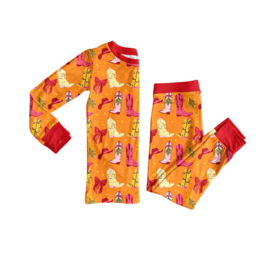 8.1 Preorder (moq 5)Baby Girls Bows Boots Plaid Top Pant Pajamas Set
