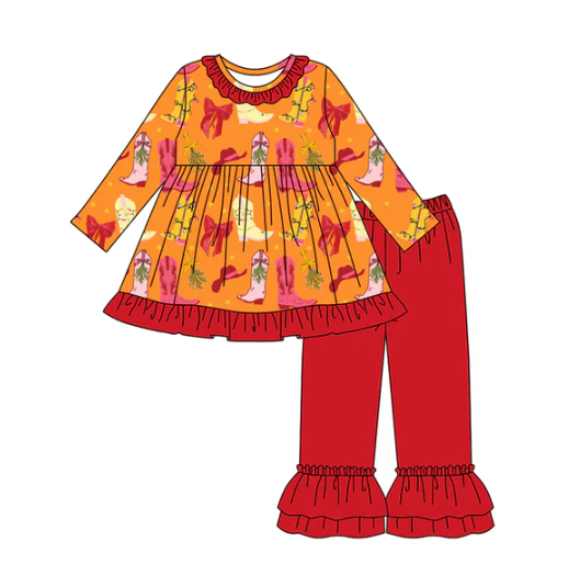 8.1 Preorder (moq 5)Baby Girls Bows Boots Plaid Top Pant Pajamas Set