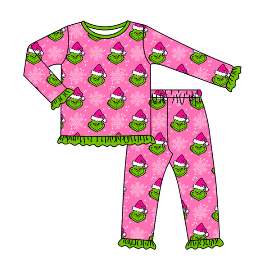 8.2 Preorder (moq 5)Baby Girls Green Face Snowflake Top Pant Christmas Pajamas Set