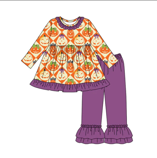 8.2 Preorder (moq 5)Baby Girls Ghost Pumpkins Plaid Tunic Ruffle Pant Halloween Set