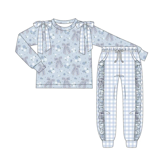 8.2 Preorder (moq 5)Baby Girls Blue Bows Flowers Plaid Top Pockets Legging Pant Set