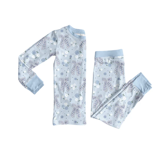 8.2 Preorder (moq 5)Baby Girls Blue Bows Flowers Plaid Top Pant Pajamas Set
