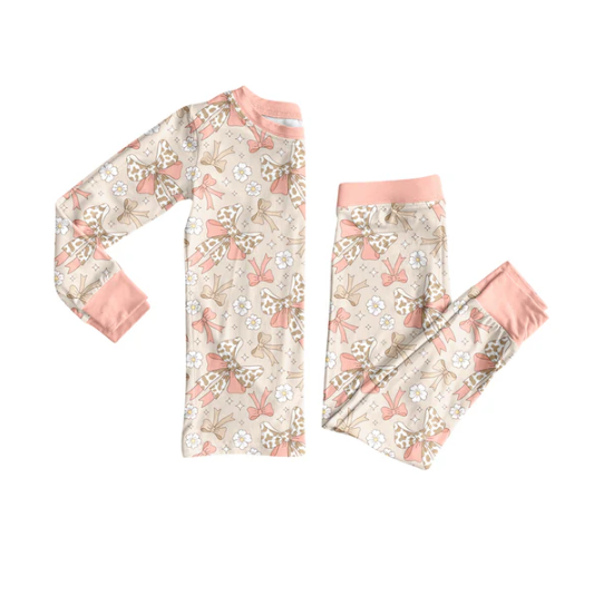 8.2 Preorder (moq 5)Baby Girls Peach Camo Bows Flowers Plaid Top Pant Pajamas Set