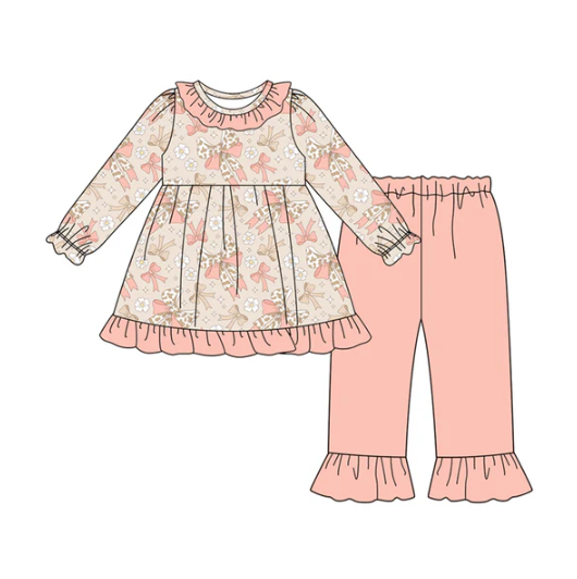 8.2 Preorder (moq 5)Baby Girls Peach Camo Bows Flowers Plaid Tunic Ruffle Pant Set