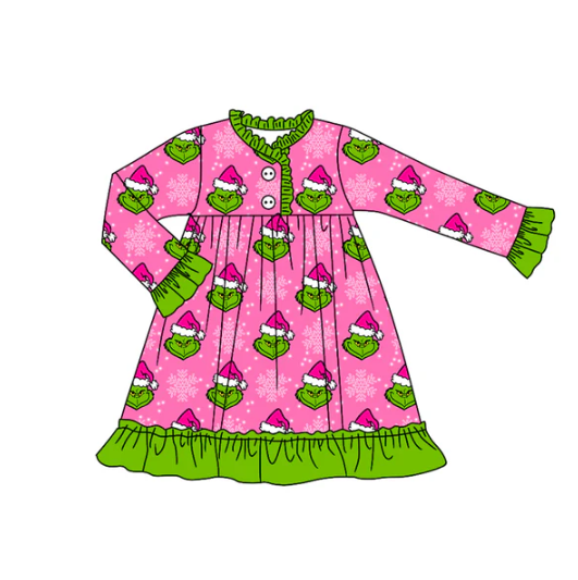 8.2 Preorder (moq 5)Baby Girls Green Face Snowflake Button Ruffle Christmas Knee Length Dresses
