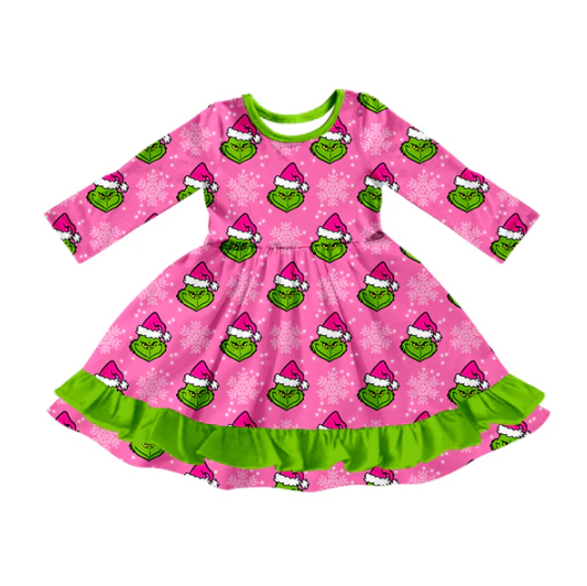 8.2 Preorder (moq 5)Baby Girls Christmas Hats Green Face Snowflake Ruffle Knee Length Dresses