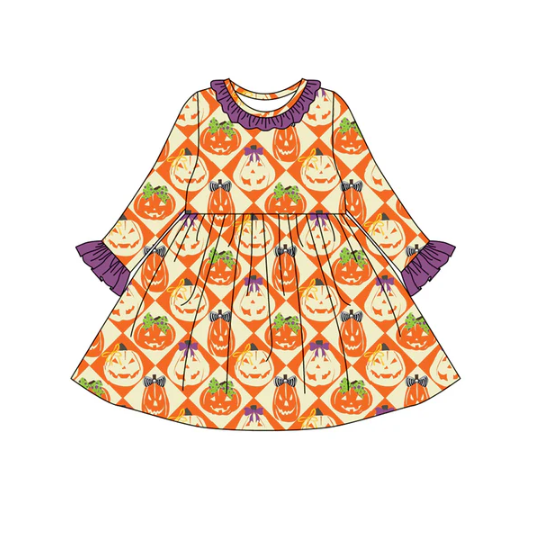 8.2 Preorder (moq 5)Baby Girls Ghost Pumpkins Plaid Halloween Ruffle Knee Length Dresses