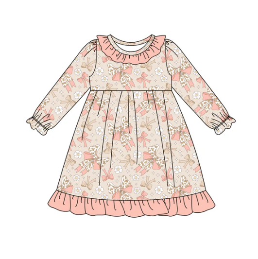 8.2 Preorder (moq 5)Baby Girls Peach Camo Bows Flowers Ruffle Knee Length Dresses