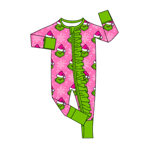 8.2 Preorder(moq 5)Baby Infant Girls Christmas Green Faces Snowflake Ruffle Zipper Rompers