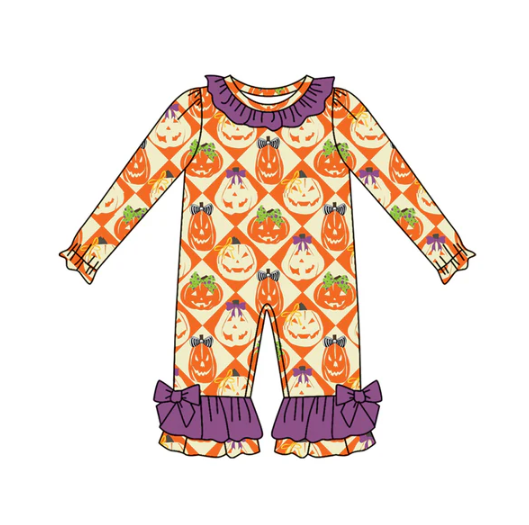 8.2 Preorder(moq 5)Baby Infant Girls Ghost Pumpkins Plaid Ruffle Pant Halloween Rompers