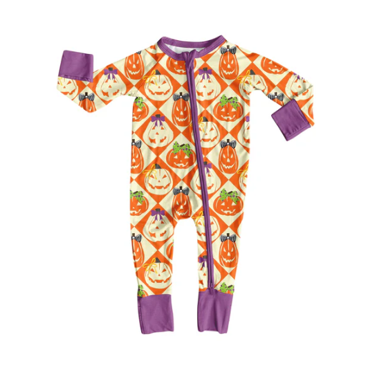 8.2 Preorder(moq 5)Baby Infant Boys Ghost Pumpkins Plaid Halloween Zipper Rompers