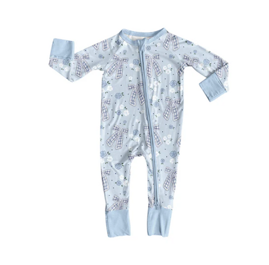 8.2 Preorder(moq 5)Baby Infant Boys Blue Bows Flowers Plaid Zipper Rompers
