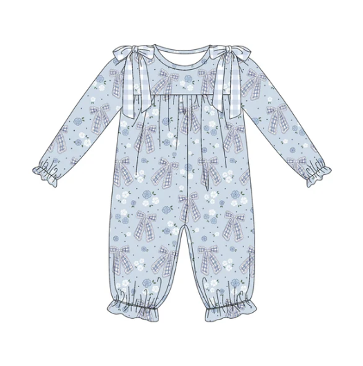 8.2 Preorder(moq 5)Baby Infant Girls Blue Bows Flowers Plaid Ruffle Pant Rompers