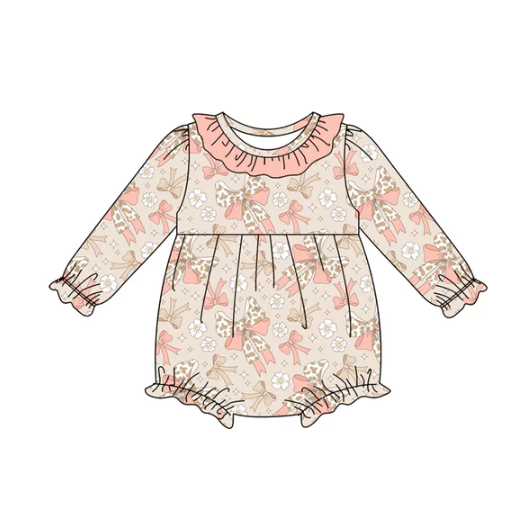 8.2 Preorder(moq 5)Baby Infant Girls Peach Camo Bows Flowers Plaid Ruffle Rompers