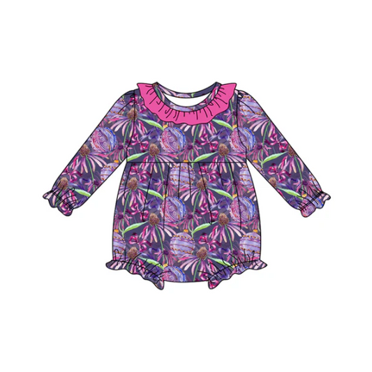 8.2 Preorder(moq 5)Baby Infant Girls Hot Pink Flowers Bows Halloween Ruffle Rompers
