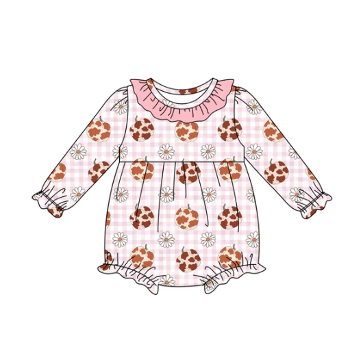 8.2 Preorder(moq 5)Baby Infant Girls Pink Camo Pumpkins Daisy Plaid Fall Ruffle Rompers