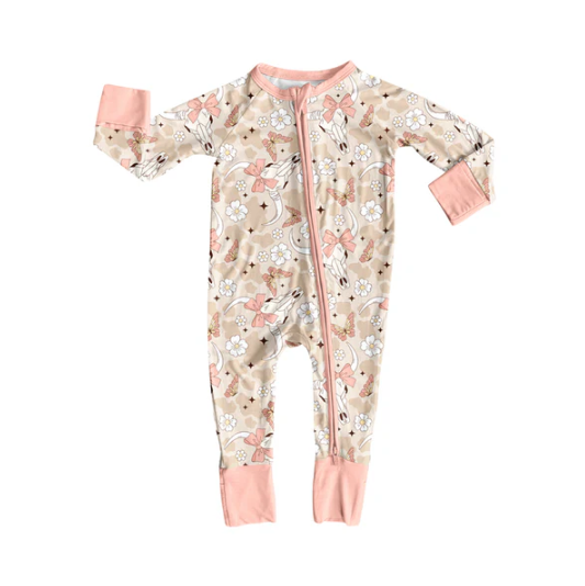 8.2Preorder(moq 5)Baby Infant Boys Peach Camo Bull Skull Flowers Zipper Rompers