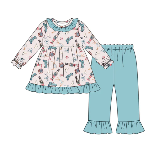 8.2 Preorder (moq 5)Baby Girls Soldiers Bows Plaid Tunic Ruffle Pant Western Set