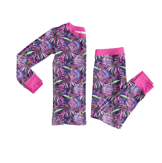8.2 Preorder (moq 5)Baby Girls Hot Pink Flowers Bows Top Pant Halloween Pajamas Set