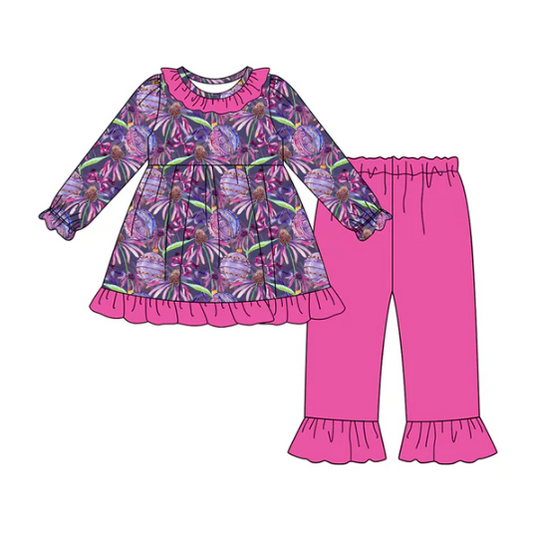 8.2 Preorder (moq 5)Baby Girls Hot Pink Flowers Bows Tunic Ruffle Pant Halloween Set