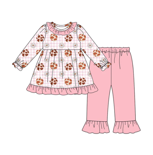 8.2 Preorder (moq 5)Baby Girls Pink Camo Pumpkins Daisy Plaid Tunic Ruffle Pant Fall Set