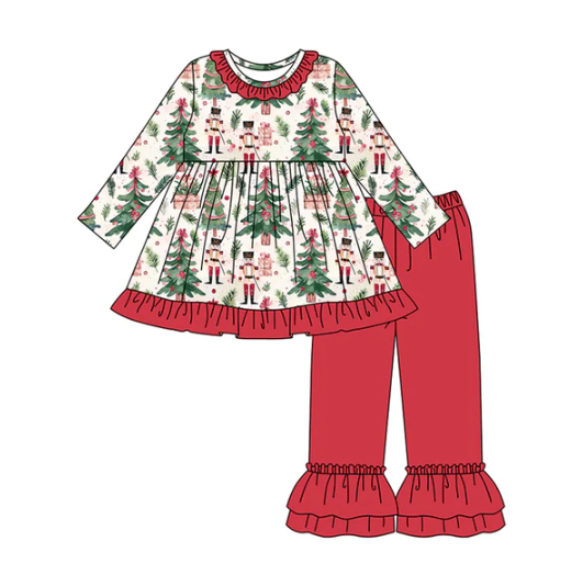 8.2 Preorder (moq 5)Baby Girls Christmas Trees Soldiers Plaid Tunic Ruffle Pant Set