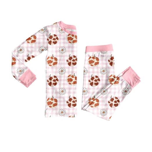 8.2 Preorder (moq 5)Baby Girls Pink Camo Pumpkins Daisy Plaid Top Pant Fall Pajamas Set