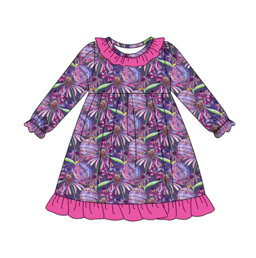 8.2Preorder (moq 5)Baby Girls Hot Pink Flowers Bows Halloween Ruffle Knee Length Dresses