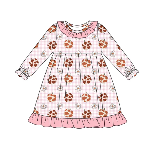 8.2 Preorder (moq 5)Baby Girls Pink Camo Pumpkins Daisy Plaid Fall Ruffle Knee Length Dresses