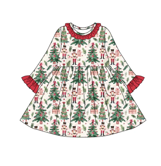 8.2 Preorder (moq 5)Baby Girls Christmas Trees Soldiers Plaid Ruffle Knee Length Dresses