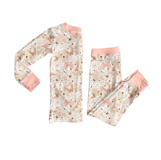 8.2 Preorder (moq 5)Baby Girls Peach Camo Bull Skull Flowers Top Pant Pajamas Set