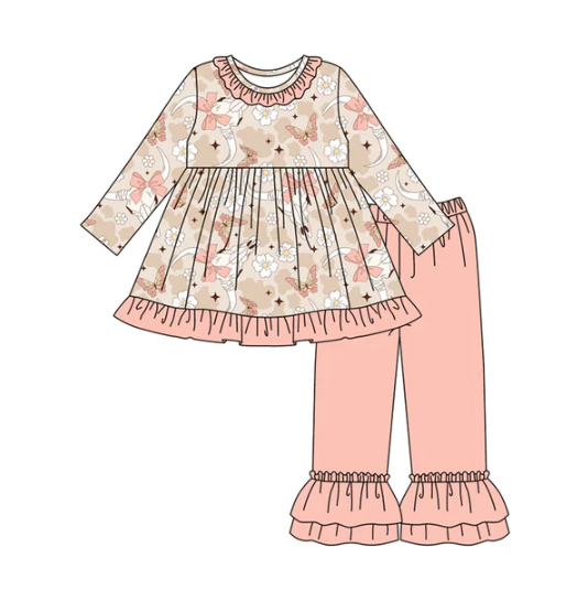 8.2 Preorder (moq 5)Baby Girls Peach Camo Bull Skull Flowers Tunic Ruffle Pant Set