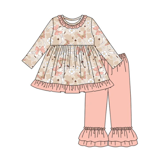 8.2 Preorder (moq 5)Baby Girls Peach Camo Bull Skull Flowers Tunic Ruffle Pant Set