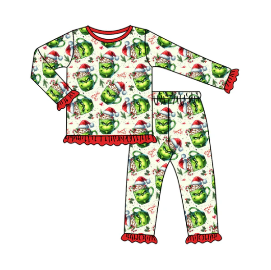 8.2 Preorder (moq 5)Baby Girls Green Face Candy Cane Top Pant Christmas Pajamas Set