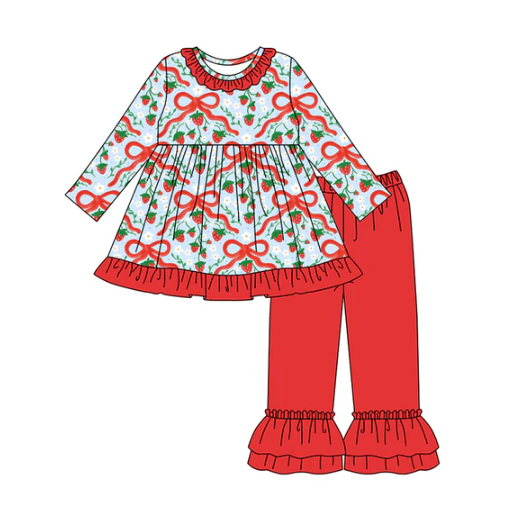 8.2 Preorder (moq 5)Baby Girls Red Bows Strawberry Plaid Tunic Ruffle Pants Set Regular price$9.50 USD