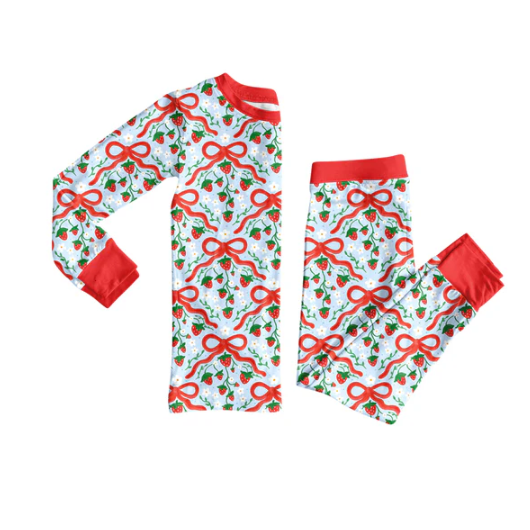 8.2 Preorder (moq 5)Baby Girls Red Bows Strawberry Plaid Top Pant Pajamas Set