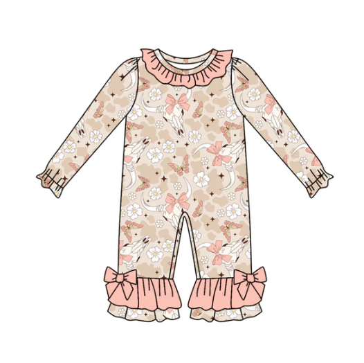 8.2 Preorder(moq 5)Baby Infant Girls Peach Camo Bull Skull Flowers Ruffle Pant Rompers