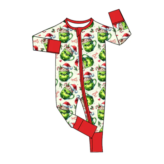 8.2 Preorder(moq 5)Baby Infant Boys Green Face Candy Cane Christmas Zipper Rompers