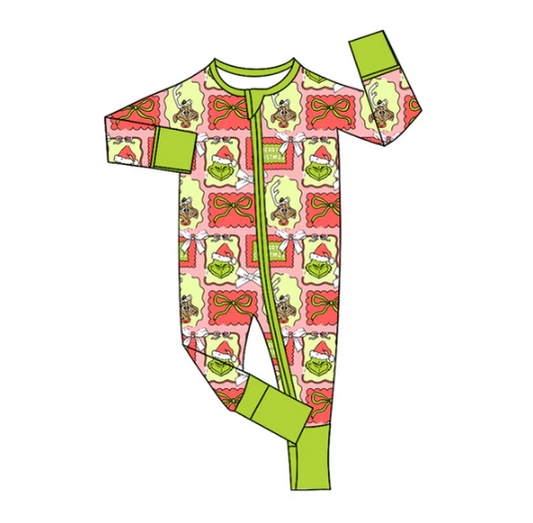 8.2 Preorder(moq 5)Baby Infant Boys Green Face Bows Plaid Christmas Zipper Rompers