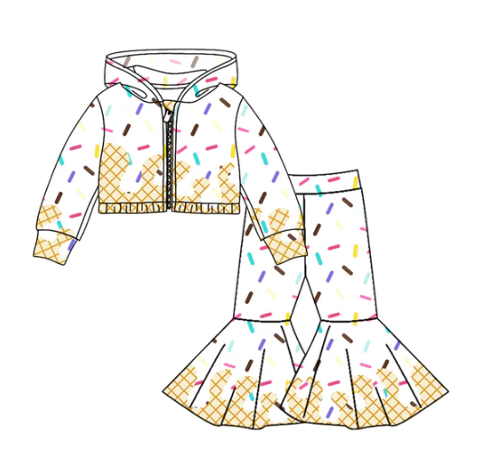 8.4 Preorder (moq 5)Baby Girls Long Sleeves Drip Zipper Jacket Top Bell Bottom Pant Team Clothes Sets
