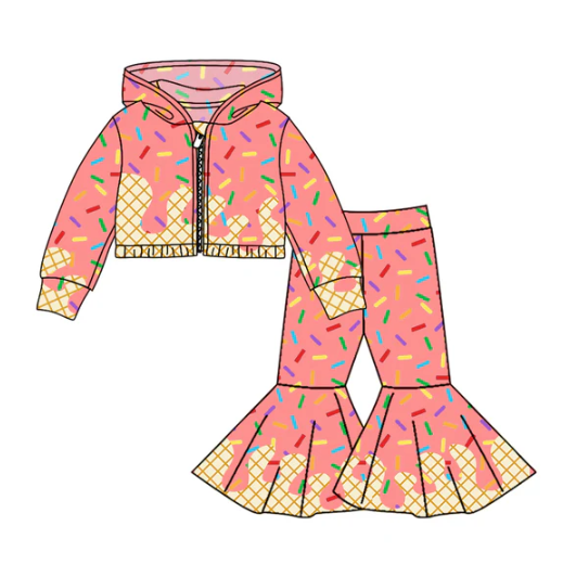 8.4 Preorder (moq 5)Baby Girls Long Sleeves Drip Zipper Jacket Top Bell Bottom Pant Team Clothes Sets