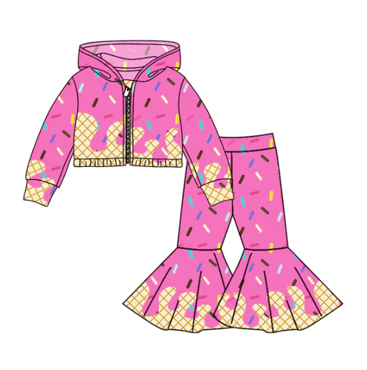 8.4 Preorder (moq 5)Baby Girls Hot Pink Long Sleeves Drip Zipper Jacket Top Bell Bottom Pant Team Clothes Sets