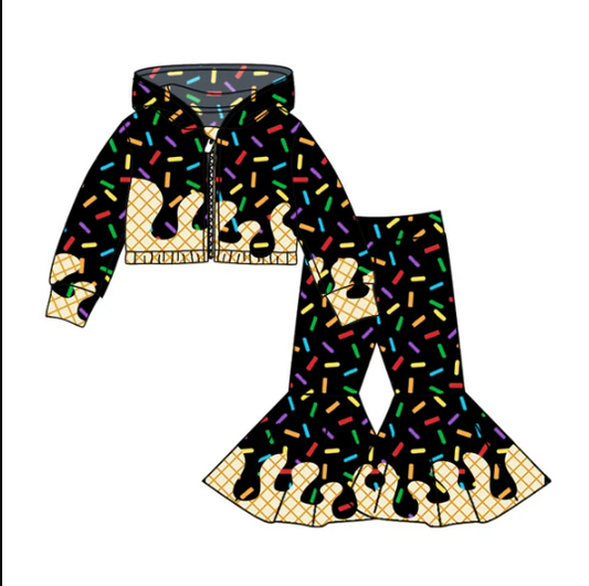8.4 Preorder (moq 5)Baby Girls Black Long Sleeves Drip Zipper Jacket Top Bell Bottom Pant Team Clothes Sets