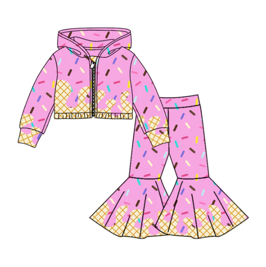 8.4 Preorder (moq 5)Baby Girls Pink Long Sleeves Drip Zipper Jacket Top Bell Bottom Pant Team Clothes Sets