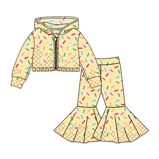 8.4 Preorder (moq 5)Baby Girls Yellow Long Sleeves Drip Zipper Jacket Top Bell Bottom Pant Team Clothes Sets