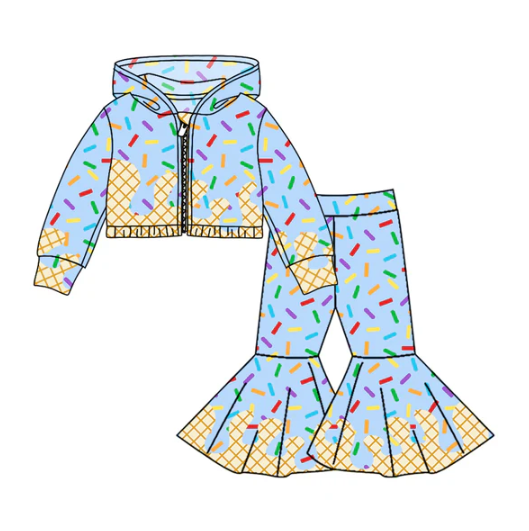 8.4 Preorder (moq 5)Baby Girls Blue Long Sleeves Drip Zipper Jacket Top Bell Bottom Pant Team Clothes Sets