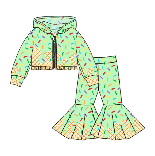8.4 Preorder (moq 5)Baby Girls Aqua Long Sleeves Drip Zipper Jacket Top Bell Bottom Pant Team Clothes Sets